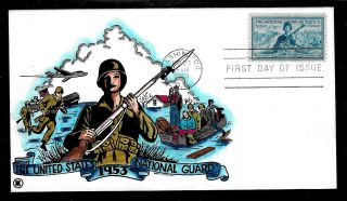 1017 3c Stamp (1953) - The National Guard - Ross M.  Knoble Hand Painted Fdc (ua)