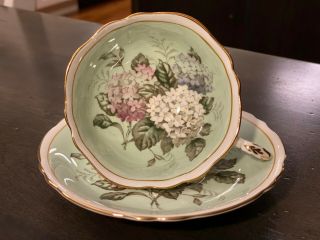 Vintage Paragon By Appointment Gold Tea Cup & Saucer Green Hydrangeas A1427