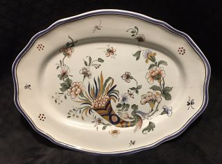 Antique Vintage Decor Rouen France Faience Tin Glazed Pottery Platter 15” Signed
