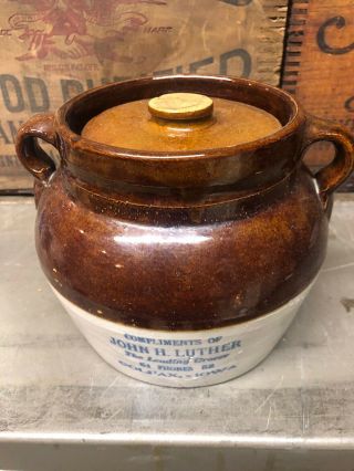 Antique Advertising Bean Pot John H Luther Grocer Colfax Iowa Red Wing Stoneware