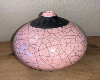 L Gress Neal Pink Crackle Earthenware Pottery Bud Vase Oil Lamp Jar 5.  25” X 6.  5”