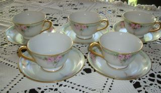 Vintage Noritake Japan Set Of 5 Hand Painted Cups & Saucers,  Roses & Gold