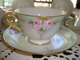 VINTAGE NORITAKE JAPAN SET OF 5 HAND PAINTED CUPS & SAUCERS,  ROSES & GOLD 2