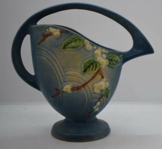 Euc Vintage Roseville Pottery Snowberry Blue Basket Vase, .