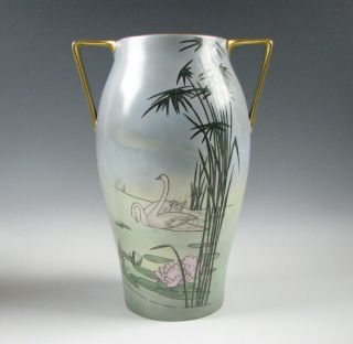 Antique Limoges Porcelain Hand Painted Vase With Swans 1913 Artist Signed