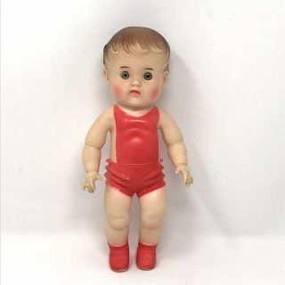 Vintage Sun Rubber Co Girl Doll Red Romper Swimsuit 10 " Tall 1954