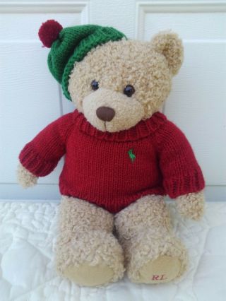 2006 Polo Ralph Lauren Teddy Bear Brown Plush Christmas Sweater Hat 15 "