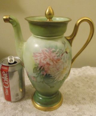 Victorian Limoges Tea Pot Or Chocolate Pot W Gilt Trim & H.  P.  Roses Antique 11 "
