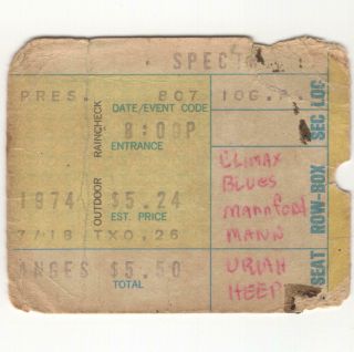 Climax Blues Band & Uriah Heep & Manfred Mann Concert Ticket Stub 8/7/74 Philly
