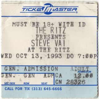 Steve Vai Concert Ticket Stub Roseville Mi 10/13/93 Ritz Sex & Religon Tour Rare