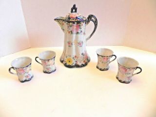 Antique Nippon Hand Painted Chocolate Pot With Top 4 Cups Set Blue Floral
