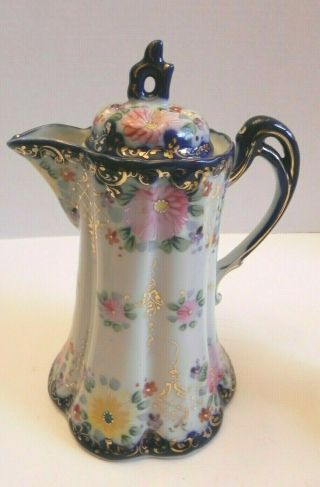 Antique Nippon Hand Painted Chocolate Pot with Top 4 Cups Set Blue Floral 2