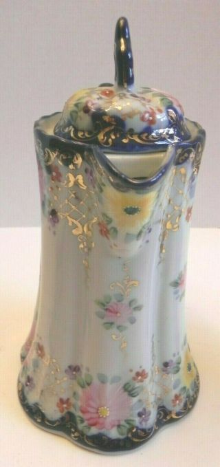 Antique Nippon Hand Painted Chocolate Pot with Top 4 Cups Set Blue Floral 3