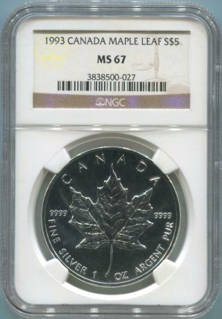 1993 Canada $5 Silver Maple Leaf,  Ngc Ms67.  No Milk Spots