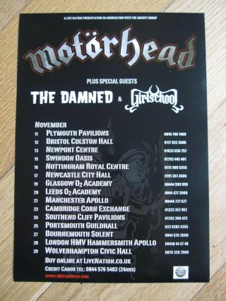 Motorhead Uk Tour Flyer November 2009 With The Damned & Girlschool -