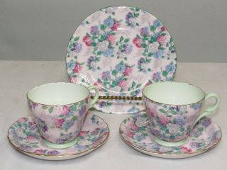 Shelley Trio Plus Pink Summer Glory Chintz 13456 2 Cups & Saucers Dessert Plate