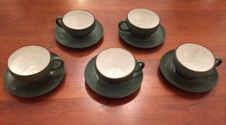 Zaalberg Holland Pottery.  Set Of 5.  Cups And Saucers.  Green/brown.