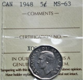 1948 Canada 5 Cents Iccs Ms - 63