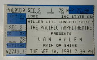Vintage Sept 10,  1991 Van Halen Ticket Stub Pacific Amphitheatre Eddie Van Halen