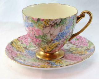 Vtg Shelley “rock Garden” Chintz Ripon Shaped Tea Cup & Saucer 13385 England