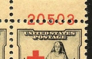 Us 702 - Extreme Red Cross Color Shift Plate Block - Plate Cuts Into Stamp
