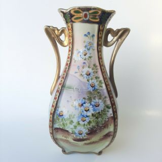 Antique Nippon Vase Hand Painted Flowers Double Handles 9 "