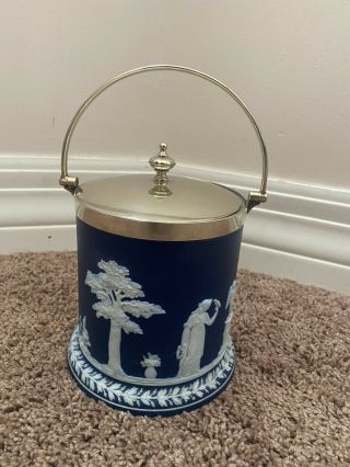 Wedgwood Cobalt Blue Jasperware Biscuit Barrel/jar Metal Lid Ice Bucket England