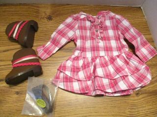 American Girl Pink Western Plaid Outfit Euc Dress Boots Belt