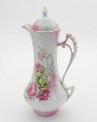 Vintage Porcelain Chocolate Pot Pink Floral Roses W/ Gold Gilt Japan Exquisite
