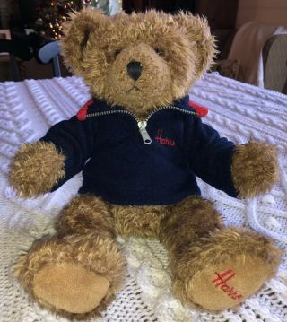 Harrods Soft Plush Teddy Bear 14” Tall Wearing Navy Fleece Embroidered - Easter