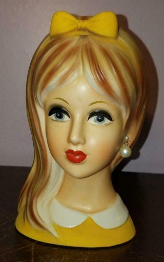 Vintage Napcoware C8494 Head Vase Blonde Teen With Yellow Bow 7 " Tall