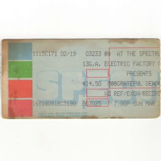 Grateful Dead Concert Ticket Stub Philadelphia Pa 3/23/86 The Spectrum Rare