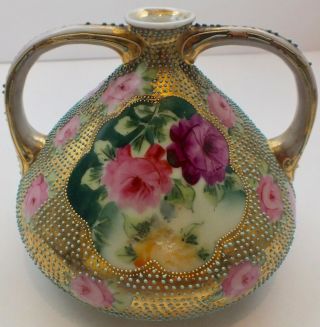 Antique Porcelain 2 Handled Royal Kinran Nippon Vase W/ Moriage Decoration