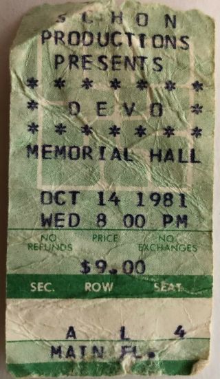 Vintage Devo 1981 Concert Ticket Stub @kansas City Memorial Hall 10/14/1981
