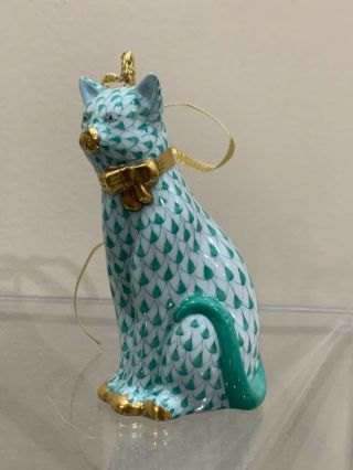 Herend Guild Green Fishnet Large Cat Ornament Figurine Hungary 3.  5 " Rare