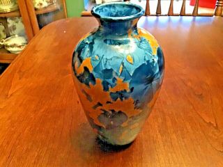Jon Price Crystalline Glaze Art Pottery Vase,  8” Tall X 4 1/2” Blue Signed