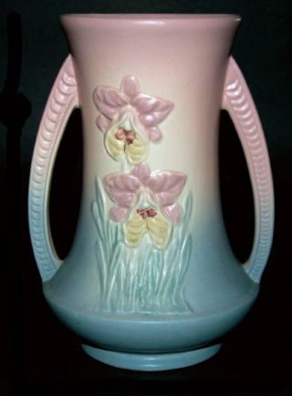 Hull Pottery Orchid Blue And Pink Handled 304 - 8 3/4 " Vase -