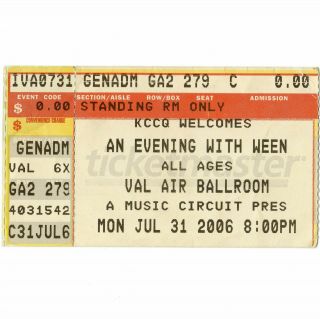 Ween Concert Ticket Stub West Des Moines Iowa 7/31/06 Val Air Ballroom Rare