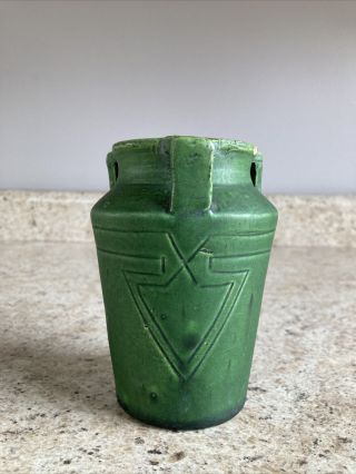 Vintage Cambridge Oakwood Arts And Crafts Pottery Matte Green 3 Handle Vase