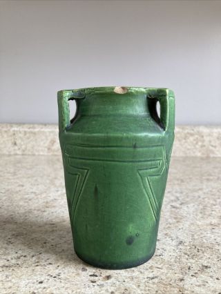 Vintage Cambridge Oakwood Arts and Crafts Pottery Matte Green 3 Handle Vase 2