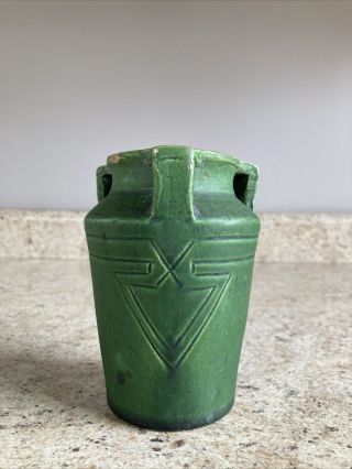 Vintage Cambridge Oakwood Arts and Crafts Pottery Matte Green 3 Handle Vase 3