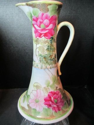 Nippon Antique Pitcher Hand Painted Gold Gilt Pink Flowers 10 " Tall