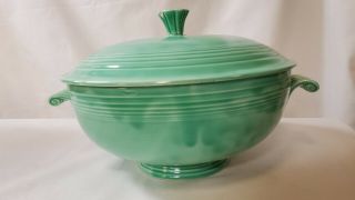 Vintage Fiestaware Retired Green Covered Casserole Dish Scroll Handles