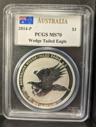 2014 - P Australian Wedge Tailed Eagle Pcgs Ms70 Signed By John M.  Mercanti