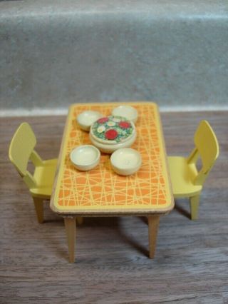 Vintage Lundby Dollhouse Miniatures Wood Table,  Two Wood Chairs,  Salad And Bowls