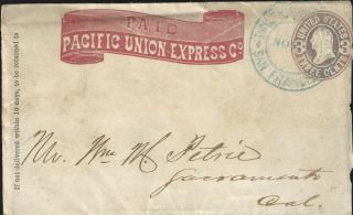 U.  S.  U61 Entire,  1869 Pacific Union Express Cover,  San Francisco To Sacramento