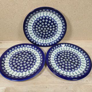 Set Of 3 Boleslawiec Polish Pottery 10.  5 " Dinner Plates Cobalt Blue/green