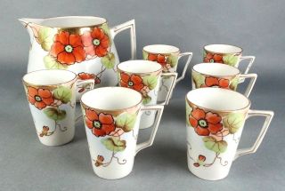 8pc Vintage Nippon Te - Oh Pitcher And Cups Set Flower Design Hand Painted