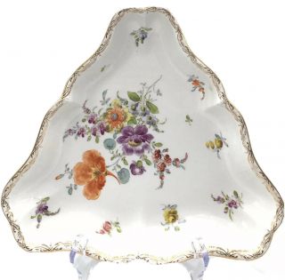 Antique Meissen Porcelain Floral Painted Triangular Serving Dish Platter Bowl