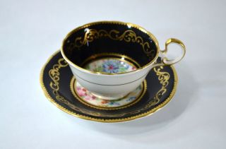 Vintage Aynsley Black Floral Wildflowers Tea Cup And Saucer Heavy Gold Teacup